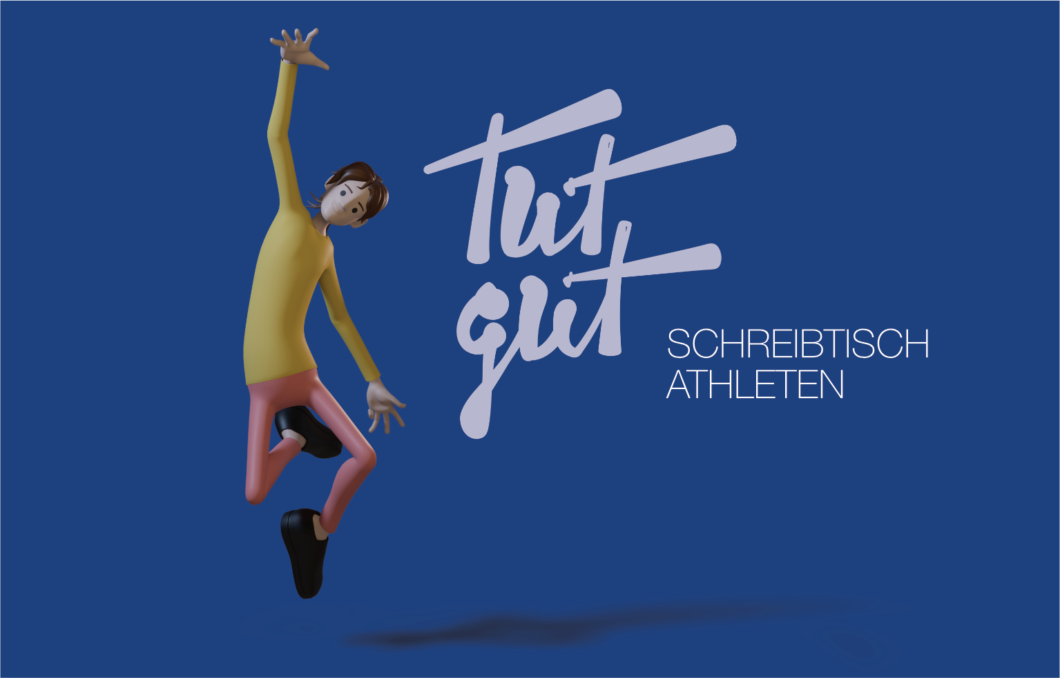 Schreibtischathleten Auf dem Bild ist eine Person dargestellt. die nach oben springt und den rechten Arm nach oben streckt. Daneben steht der Text "Tut gut - Schreibtischathlete. n"
