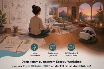 Auf dem Flyer befindet sich eine junge Frau in einem virtuellen Raum. Um sie herum liegt Papier, auf dem sie ihre Ideen gezeichnet hat. 