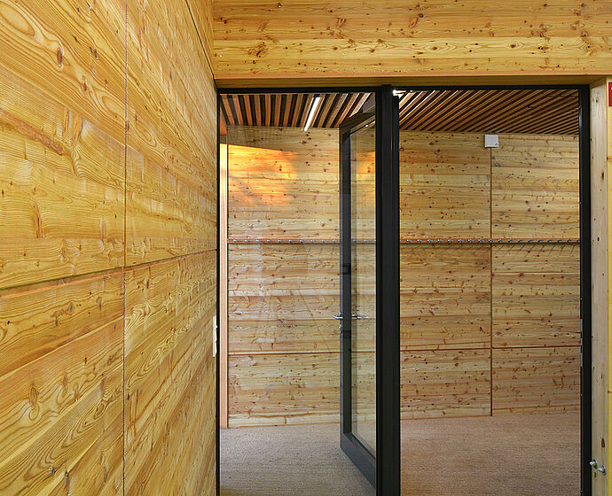 Blick vom Innenraum mit grünem Fußboden und natürlichen Holzwänden auf den Vorflur.