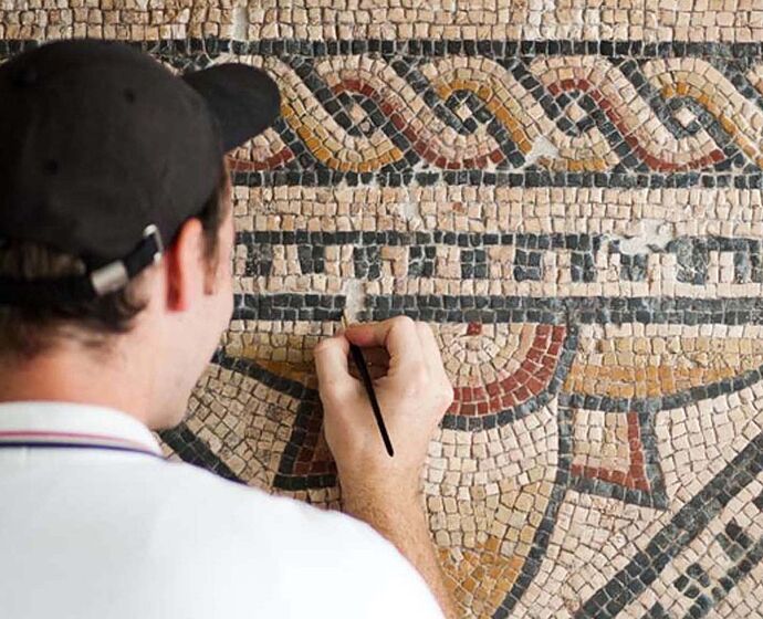 Detail aus dem Rennfahrermosaik des Rheinischen Landesmuseums Trier