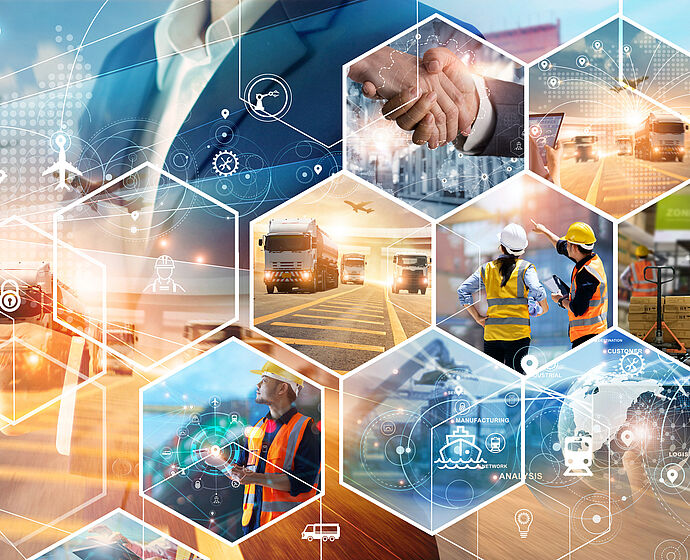 eine Bildcollage über das Wachstum im Transport und in logistischer Netzwerkverteilung - Industriefracht für den Versand