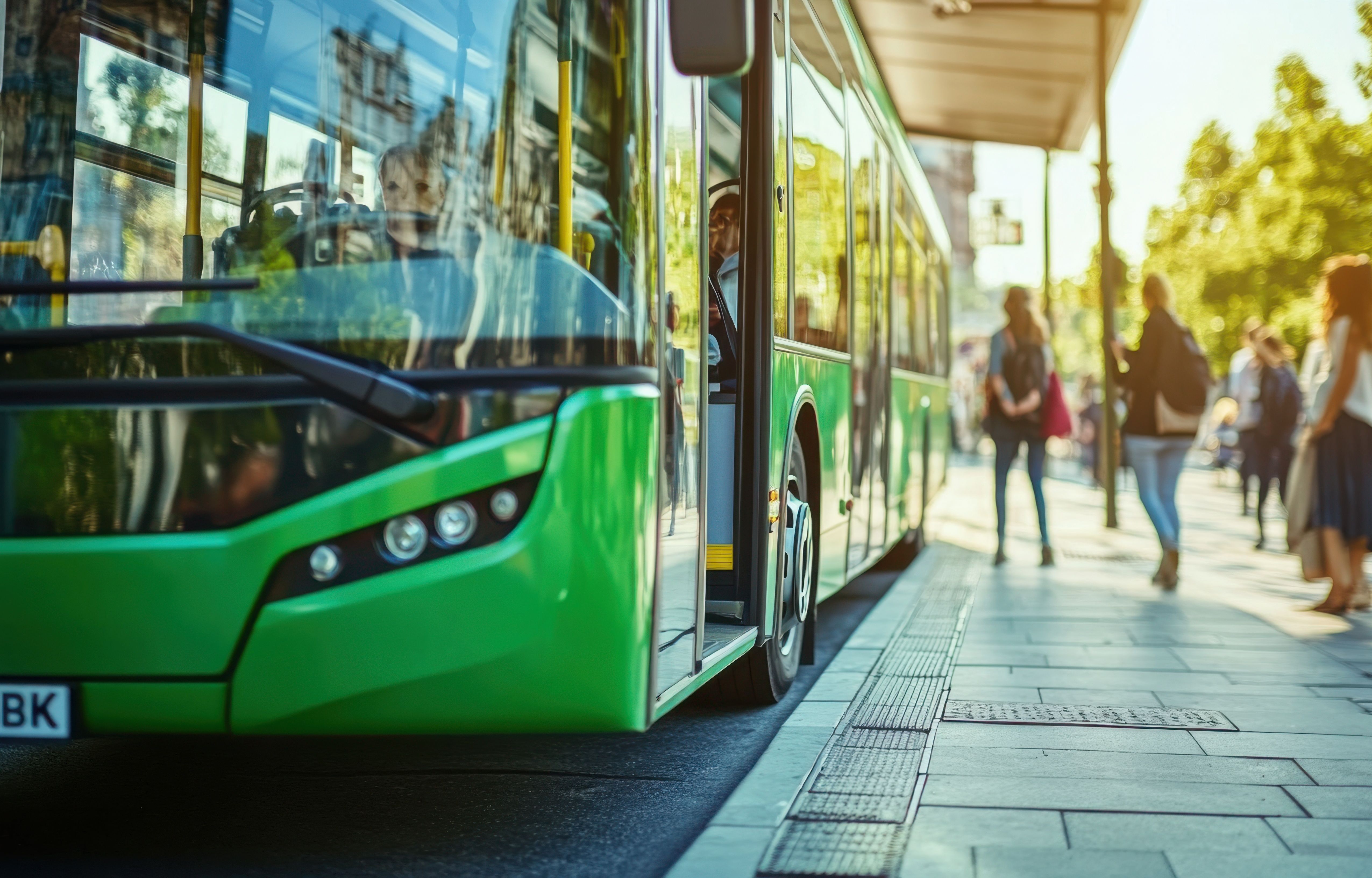 picture: People boarding electric bus at modern city stop representing sustainable transport smart urban mobility eco infrastructure and clean energy future innovation