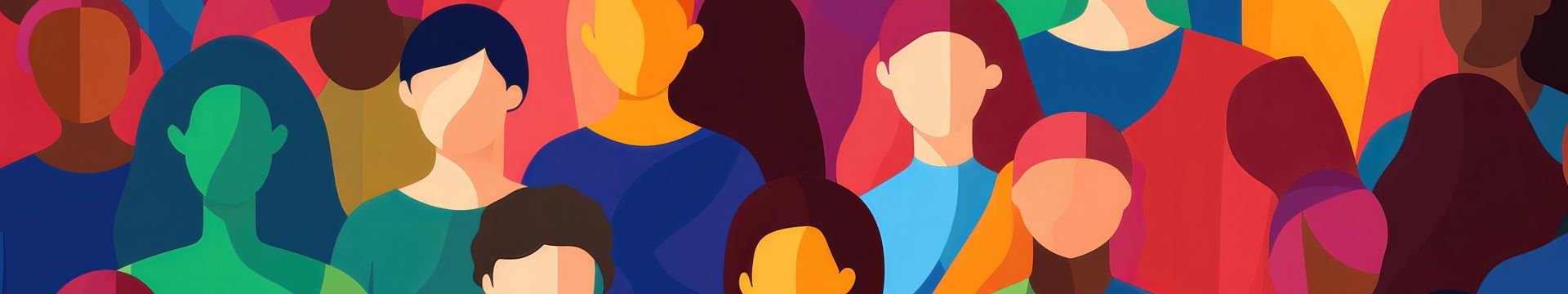 Abstrakte, farbenfrohe Illustration einer vielfältigen Menschengruppe als Symbol für Diversität und Gemeinschaft