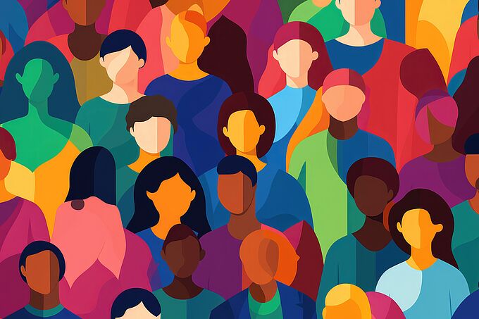 Abstrakte, farbenfrohe Illustration einer vielfältigen Menschengruppe als Symbol für Diversität und Gemeinschaft