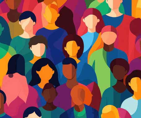 Abstrakte, farbenfrohe Illustration einer vielf&auml;ltigen Menschengruppe als Symbol f&uuml;r Diversit&auml;t und Gemeinschaft