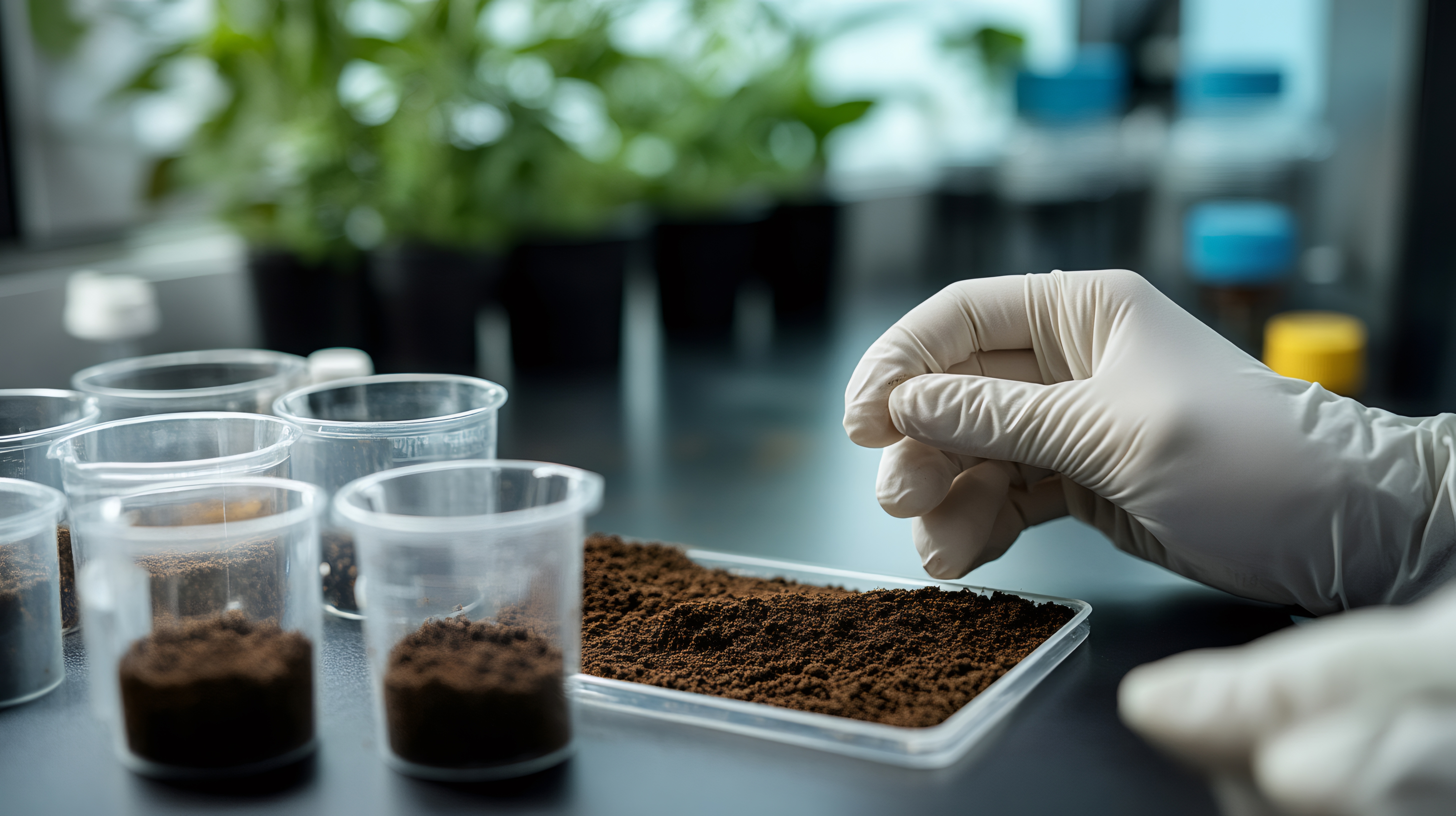 Scientist analyzing soil sample in laboratory for agricultural research