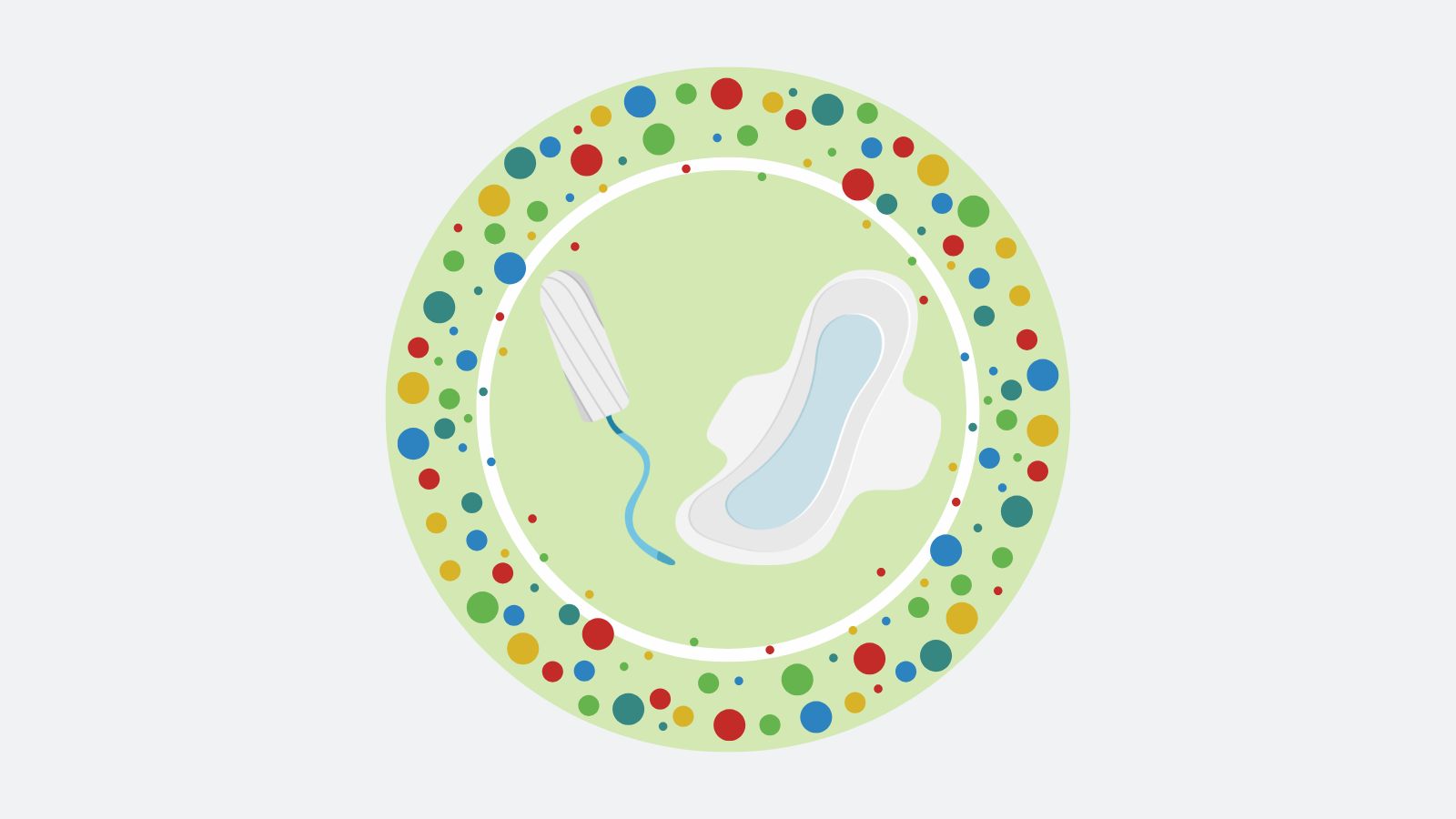 Illustration eines Tampons und einer Binde in einem großen Kreis, umgeben von vielen kleinen Kreisen