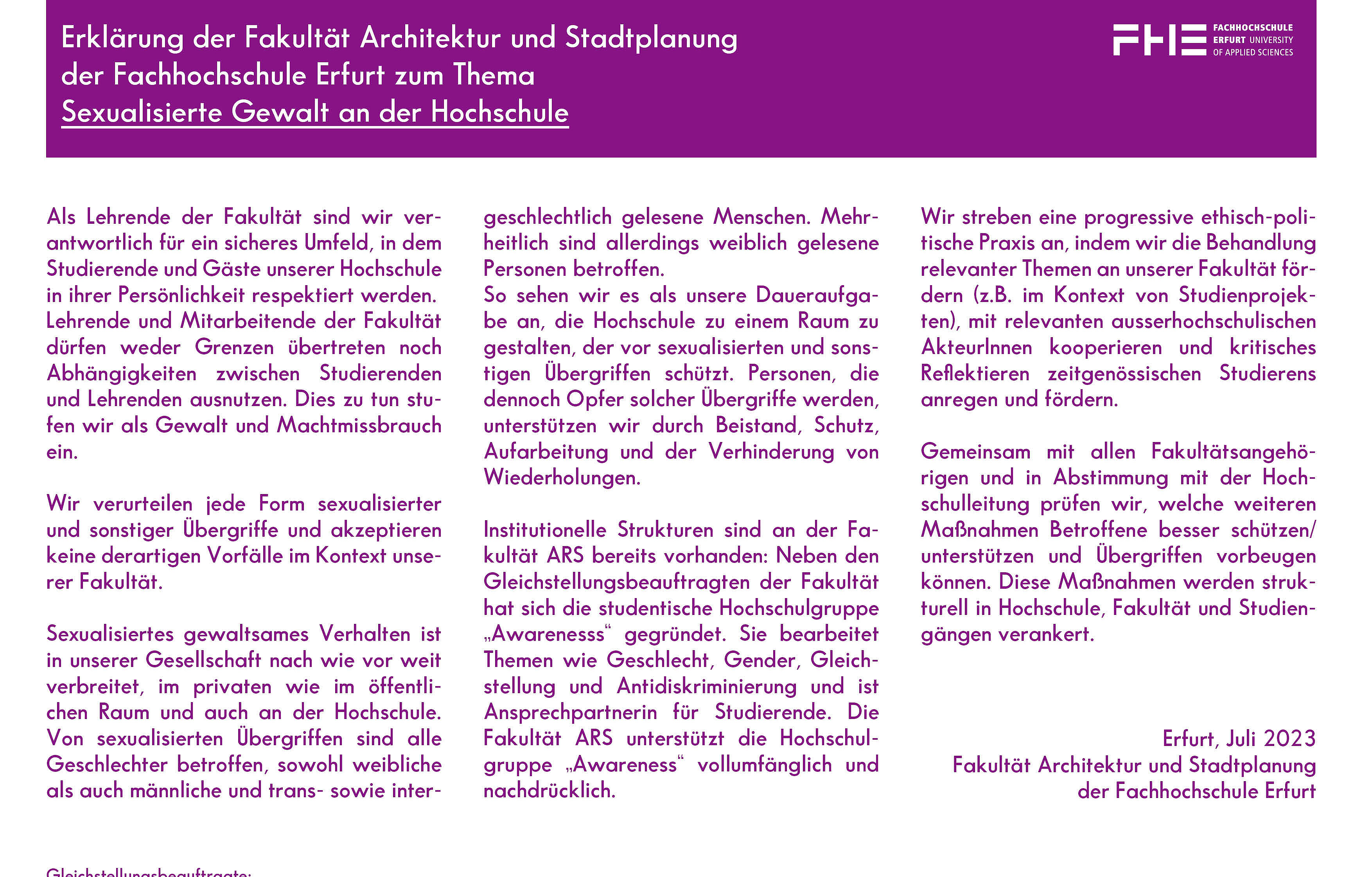 Erklärung zum Thema Sexualisierte Gewalt an der Hochschule