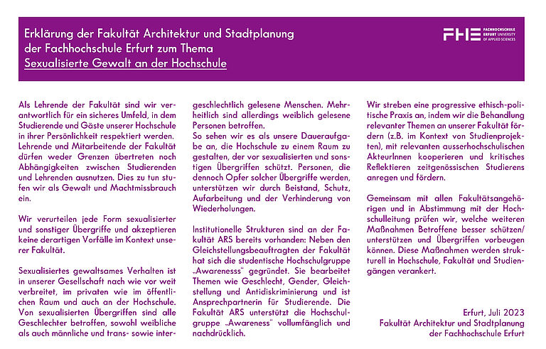 Erklärung zum Thema Sexualisierte Gewalt an der Hochschule