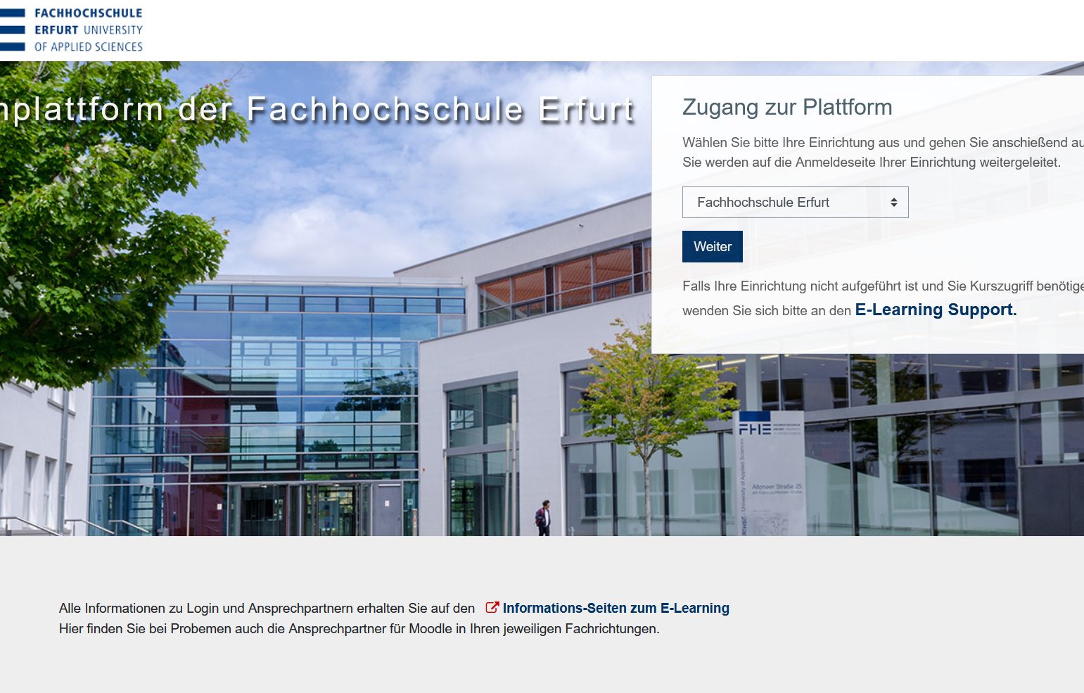 [Translate to Englisch:] Die Startseite der Lernplattform der FH-Erfurt, Moodle.