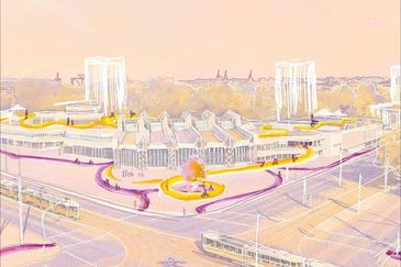 Farbige Zeichnung eines großen Gebäudekomplexes mit gezackten Sheddächern, aus erhöhter Perspektive gesehen. Auf den Dächern und dem Vorplatz winden sich gelbe und violette Bänder, auf denen kleine Figuren zu Fuß und mit Fahrrädern unterwegs sind. Davor kreuzen sich Straßenbahngleise mit zwei Bahnen, im Hintergrund ragen Hochhäuser als weiße Skizzen auf. Das Ganze ist in warmen Pfirsich-, Gelb- und Violetttönen gehalten.
