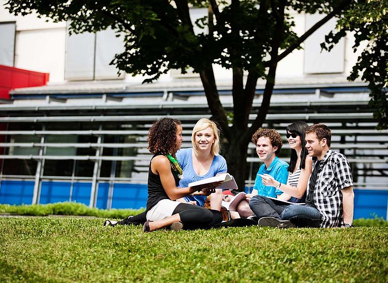 Gruppe Studierende sitzen draußen auf der Wiese