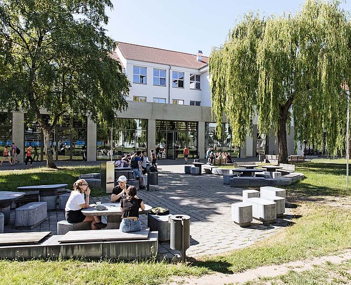 Gruppen Studierende sitzen draußen