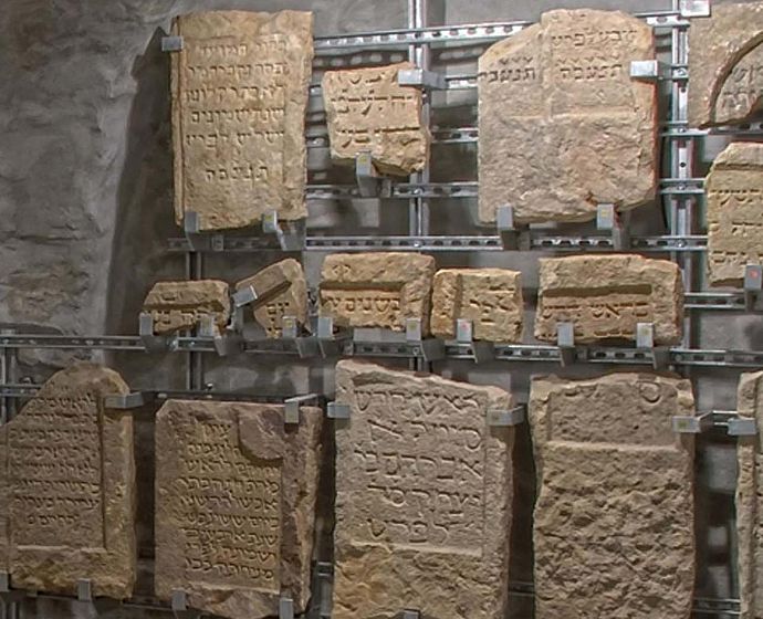 Lapidarium jüdischer Grabsteine im Keller des steinernen Hauses in Erfurt