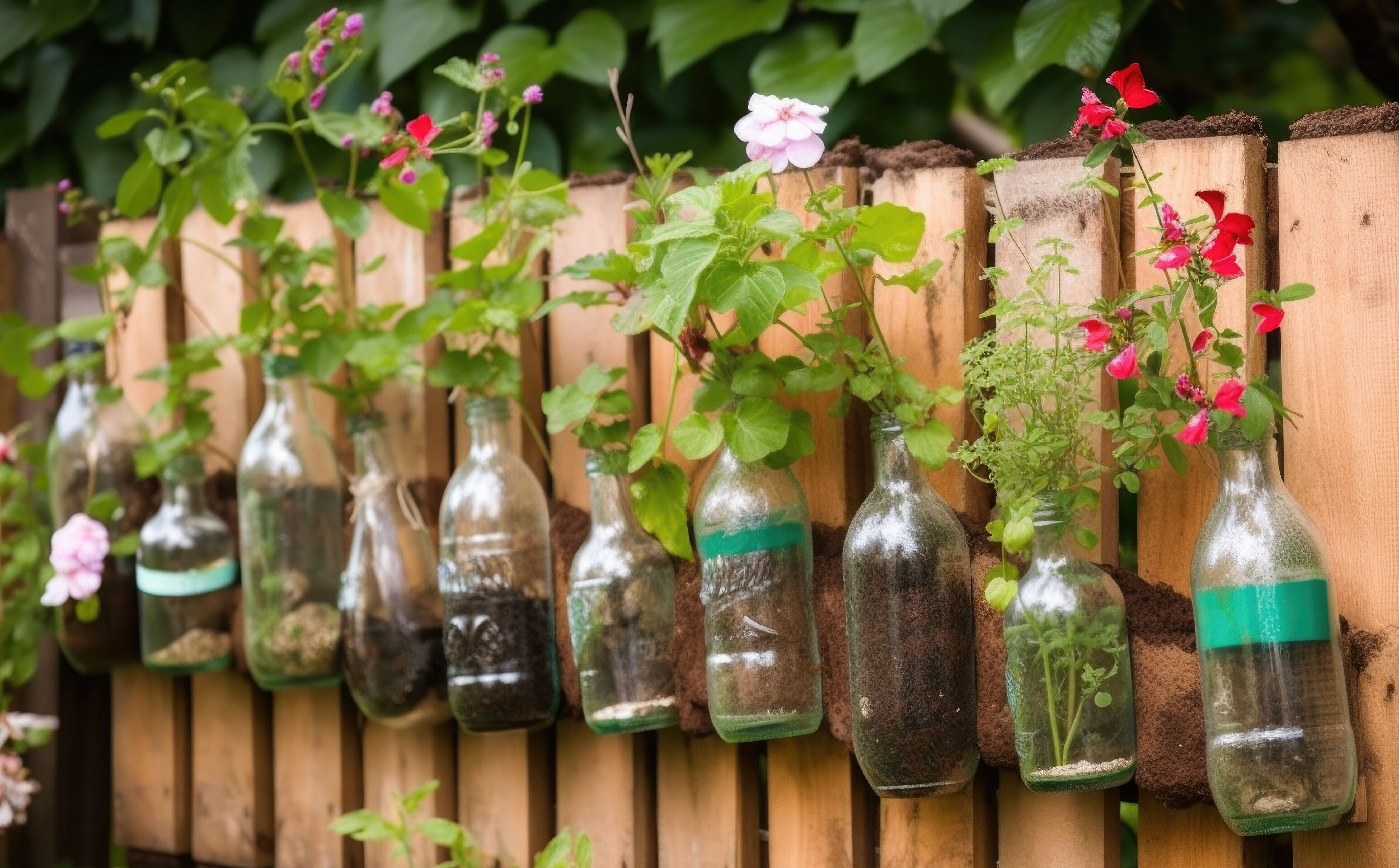 creative diy garden project with recycled materials, such as old bottles and cans