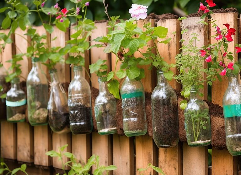 creative diy garden project with recycled materials, such as old bottles and cans